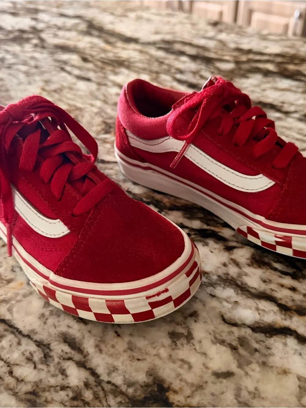 Vans Kids Size 13 Red Suede Sneakers with White Stripe and Checkered Soles